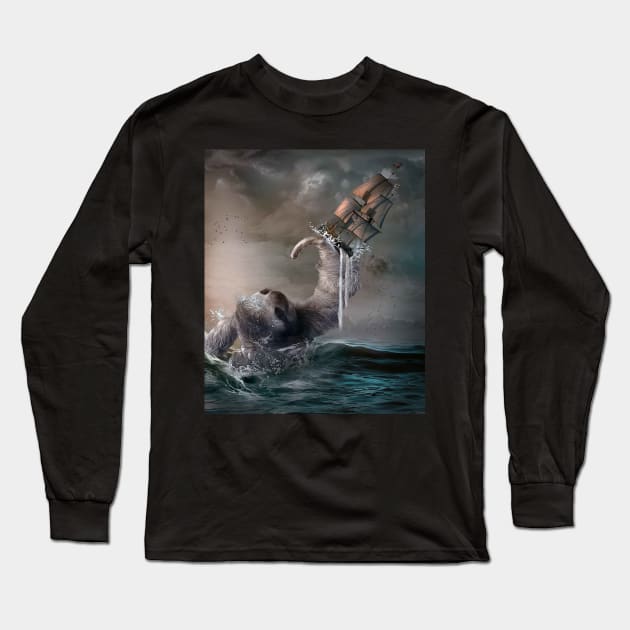 Sloth Kraken Giant Sea Monster Long Sleeve T-Shirt by Random Galaxy